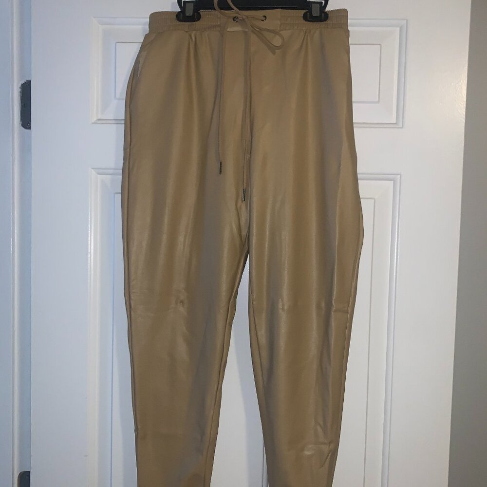21 SAINTS, TAN FAUX LEATHER JOGGERS, SIZE XS, DRAW STRING WAIST